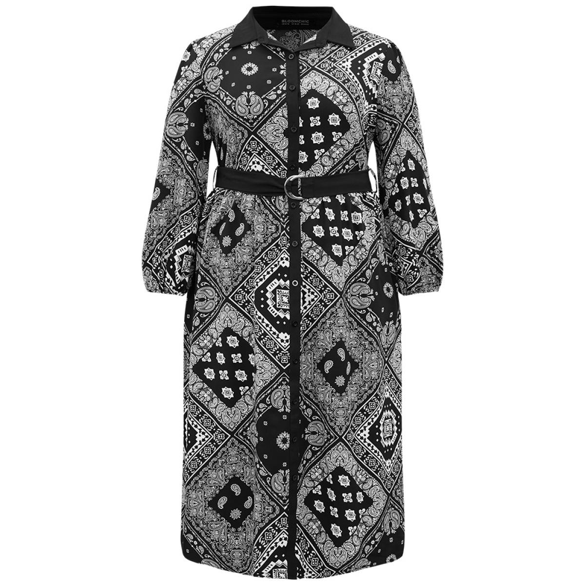 Plus Size Moroccan Print Shirt Collar Belted Button Through Dress Black Women Office Elastic cuffs Shirt collar Long Sleeve Curvy Midi Dress BloomChic 18-20/2X Product Image