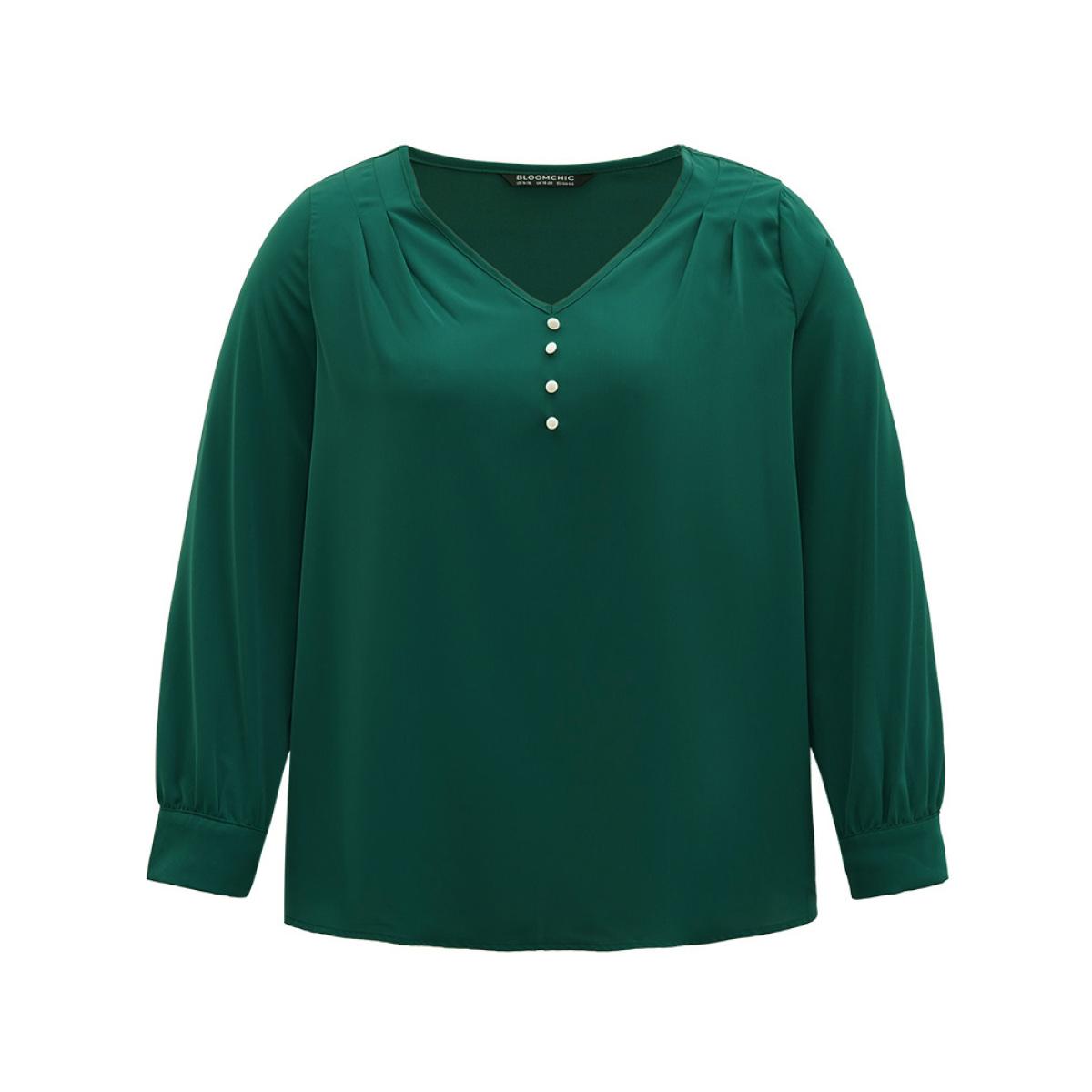 Plus Size DarkGreen Static-Free Button Detail Pleated Blouse Women Office Long Sleeve V-neck Office Blouses BloomChic 18-20/2X Product Image