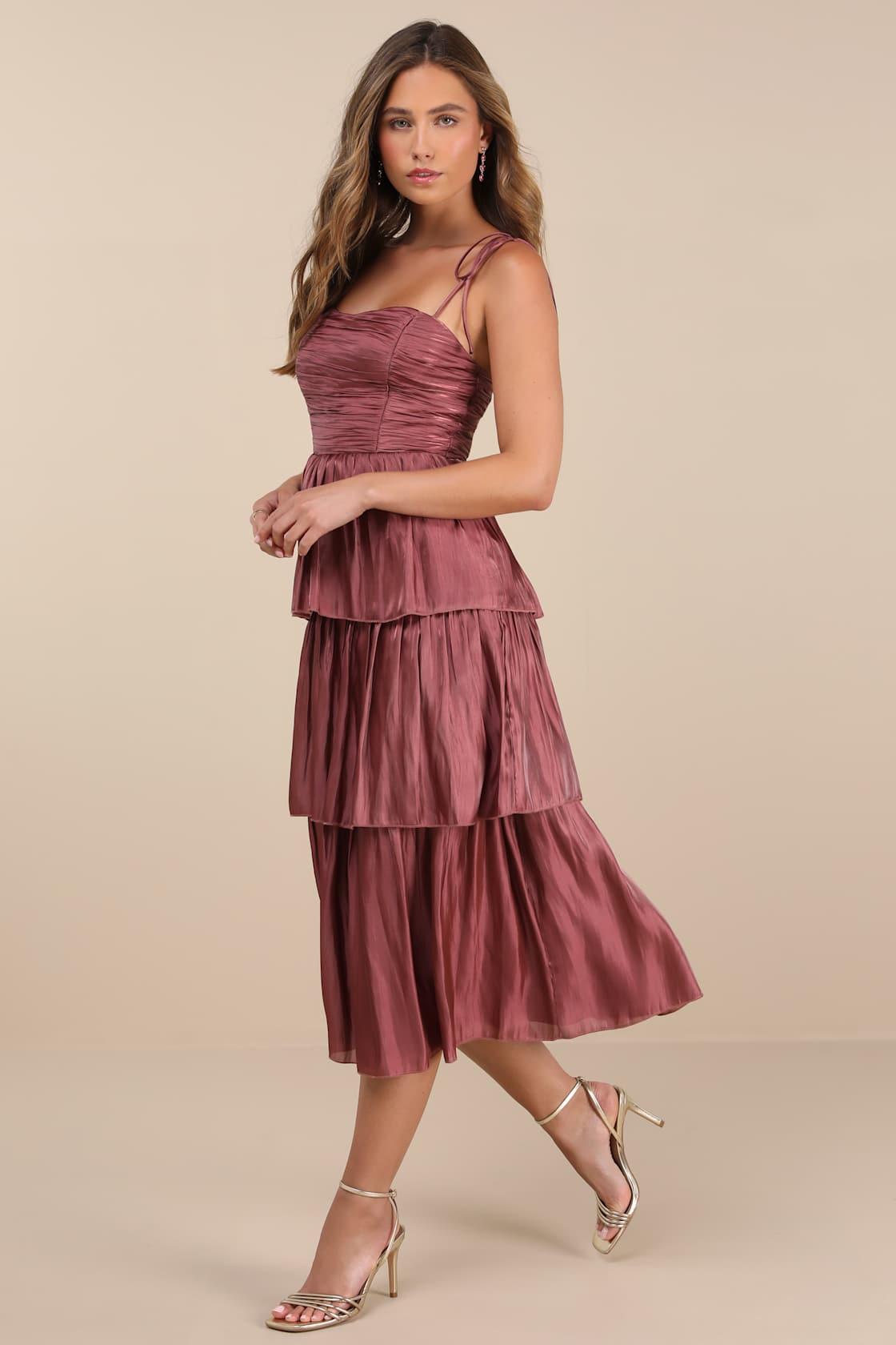 Tennon Dusty Rose Plisse Tiered Midi Dress Product Image