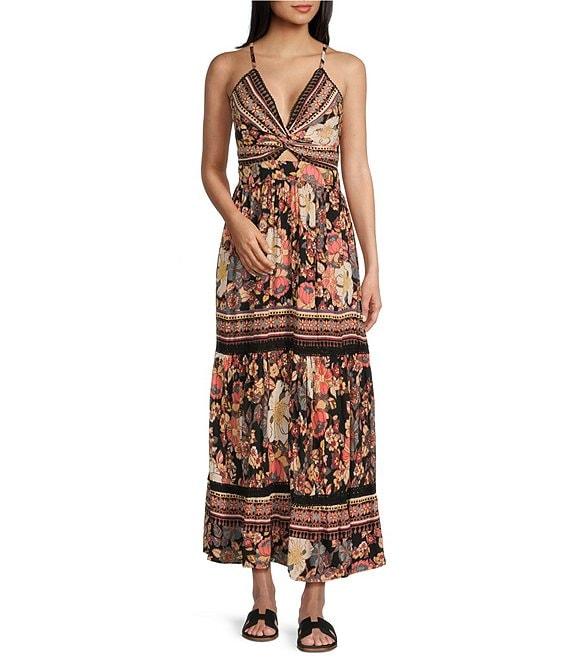 Angie Floral Border Print V-Neck Open Knot Front Maxi Dress Product Image