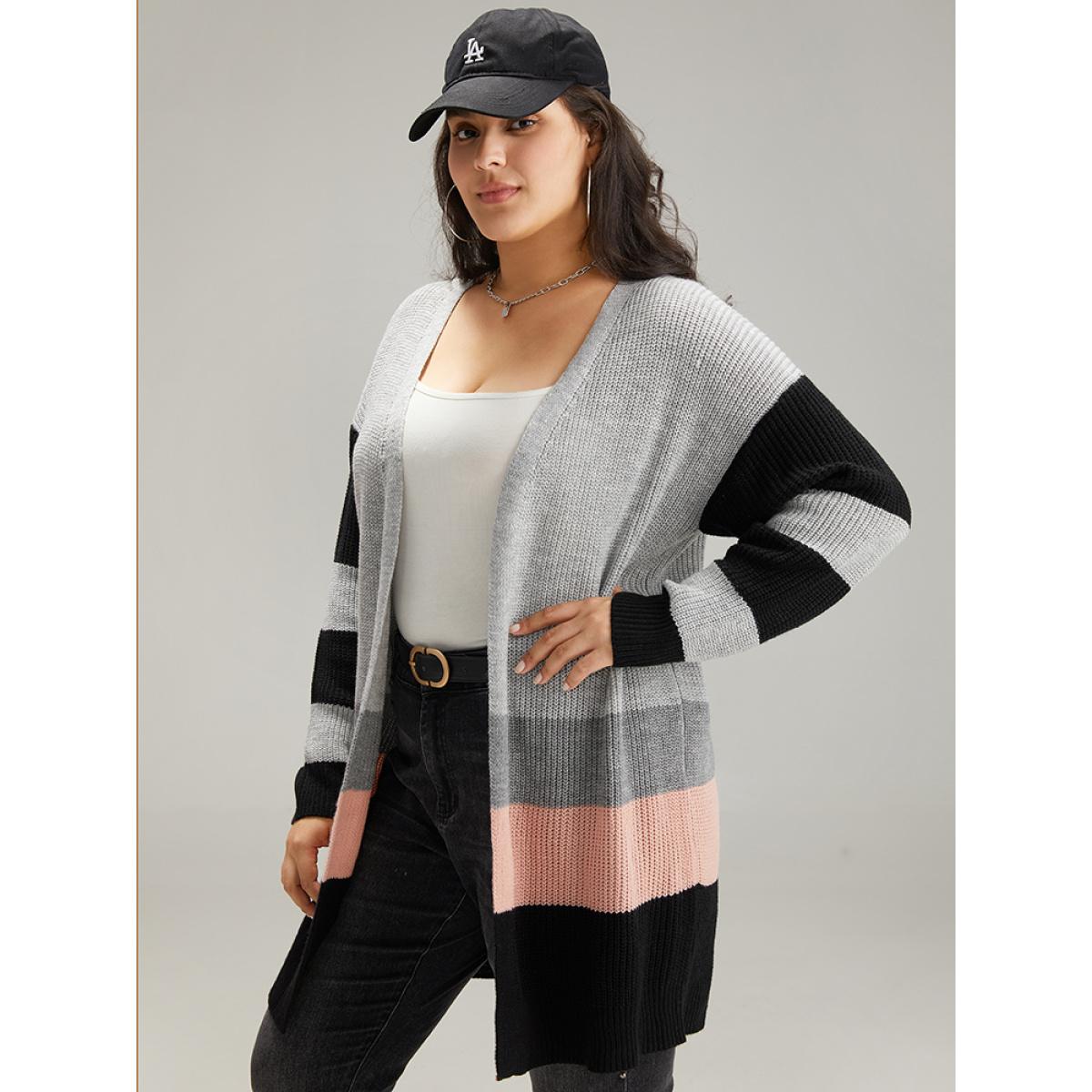 Plus Size Contrast Colorblock Open Front Cardigan Multicolor Women Casual Loose Long Sleeve Dailywear Cardigans BloomChic 26/4X Product Image