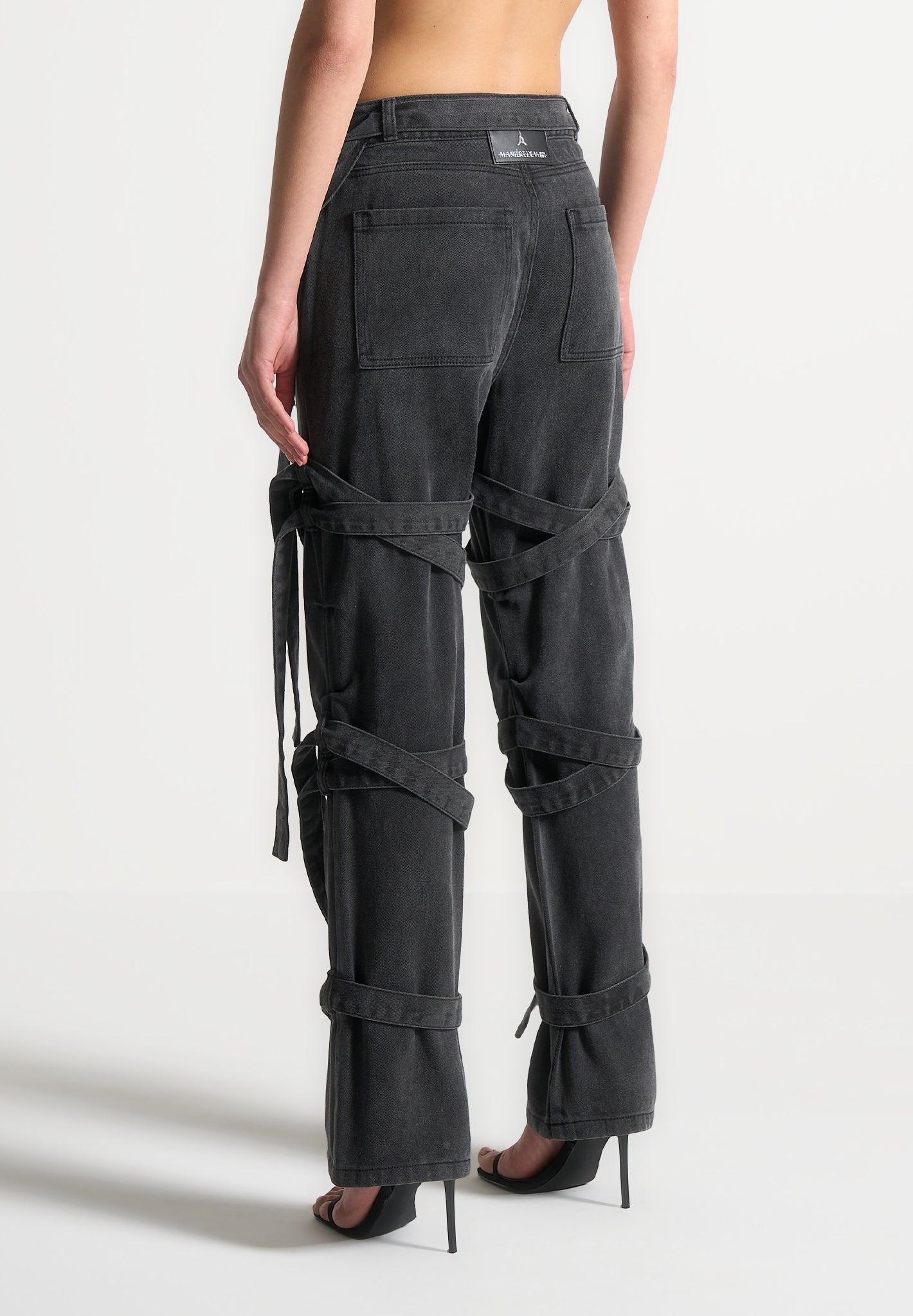 Talia - Denim Strap Cargo Jeans - Washed Black Female Product Image