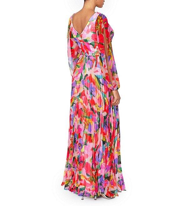 Betsy & Adam Floral V-Neck Long Sleeve Pleated Gown Product Image