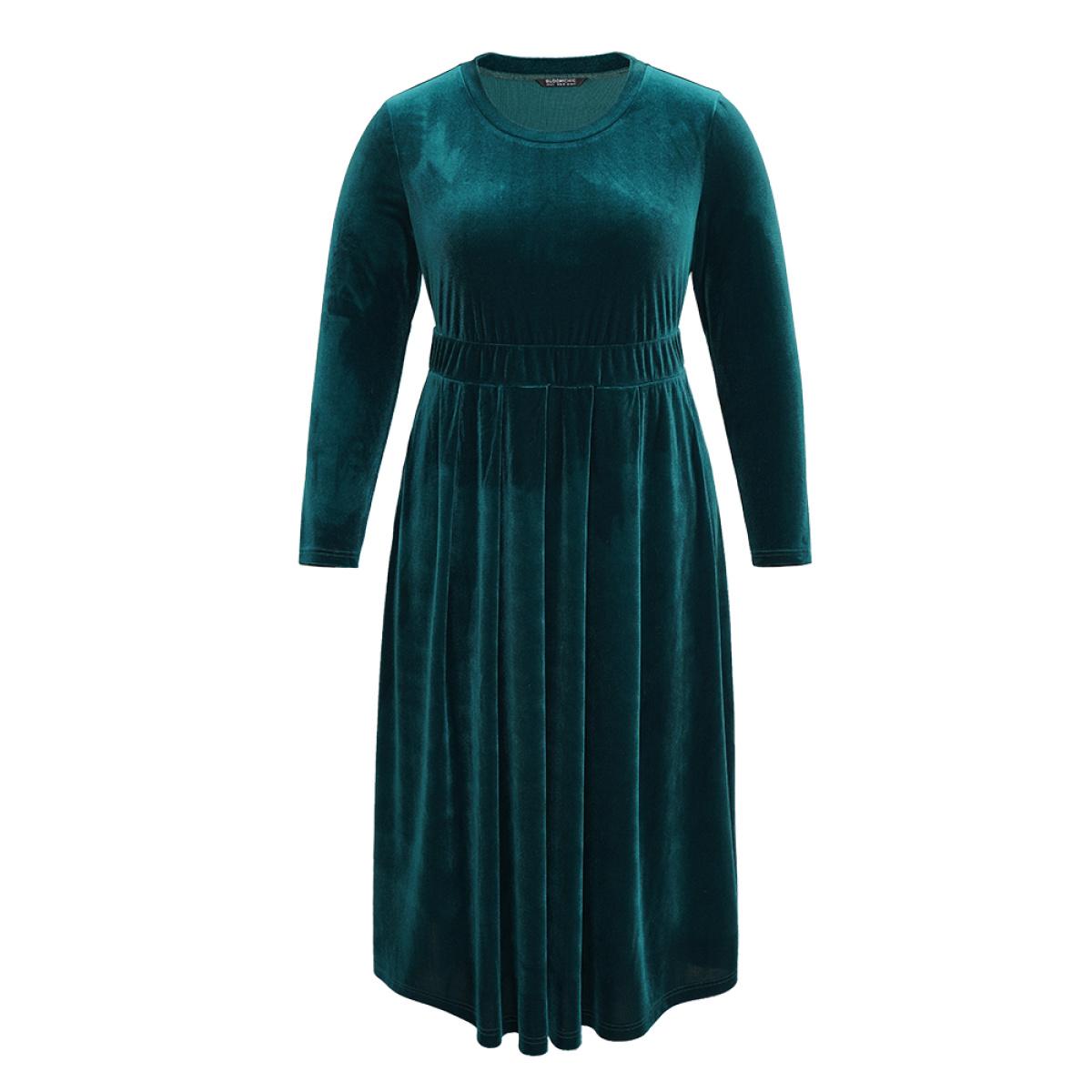 Plus Size Velvet Plain Pocket Pleated Hem Dress Cyan Women Elegant Plain Round Neck Long Sleeve Curvy Midi Dress BloomChic 14-16/1X Product Image
