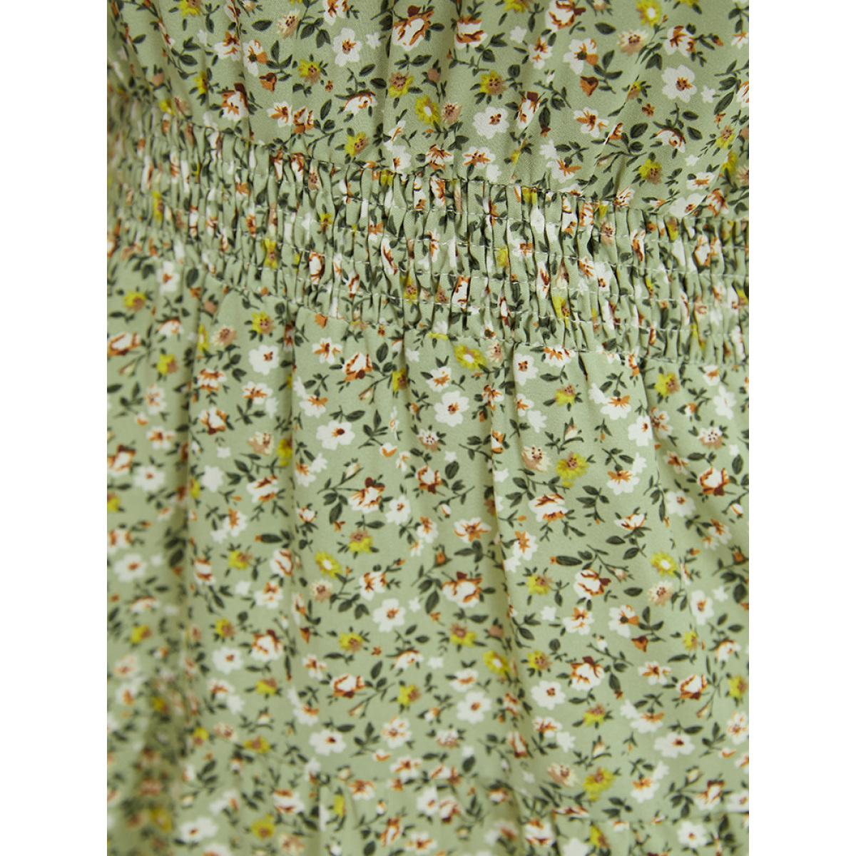 Plus Size Sage Ditsy Floral Knotted Crew Neck Shirred Ruffle Sleeve Blouse Women Elegant Short sleeve Round Neck Dailywear Blouses BloomChic 26/4X Product Image