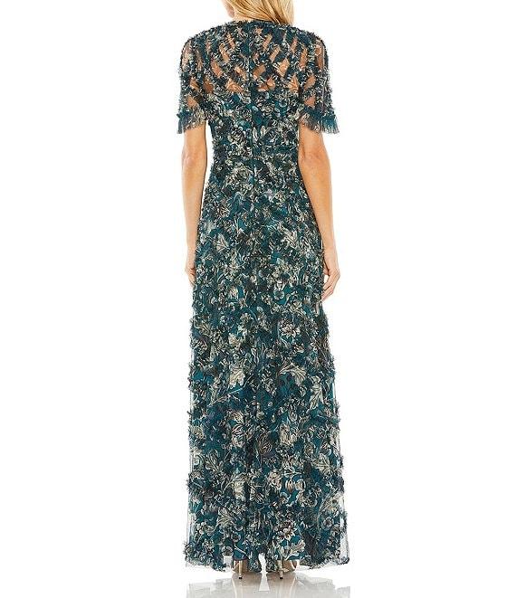 Mac Duggal Flutter Sleeve Ruffle Mesh Overlay Print Aline Gown Product Image