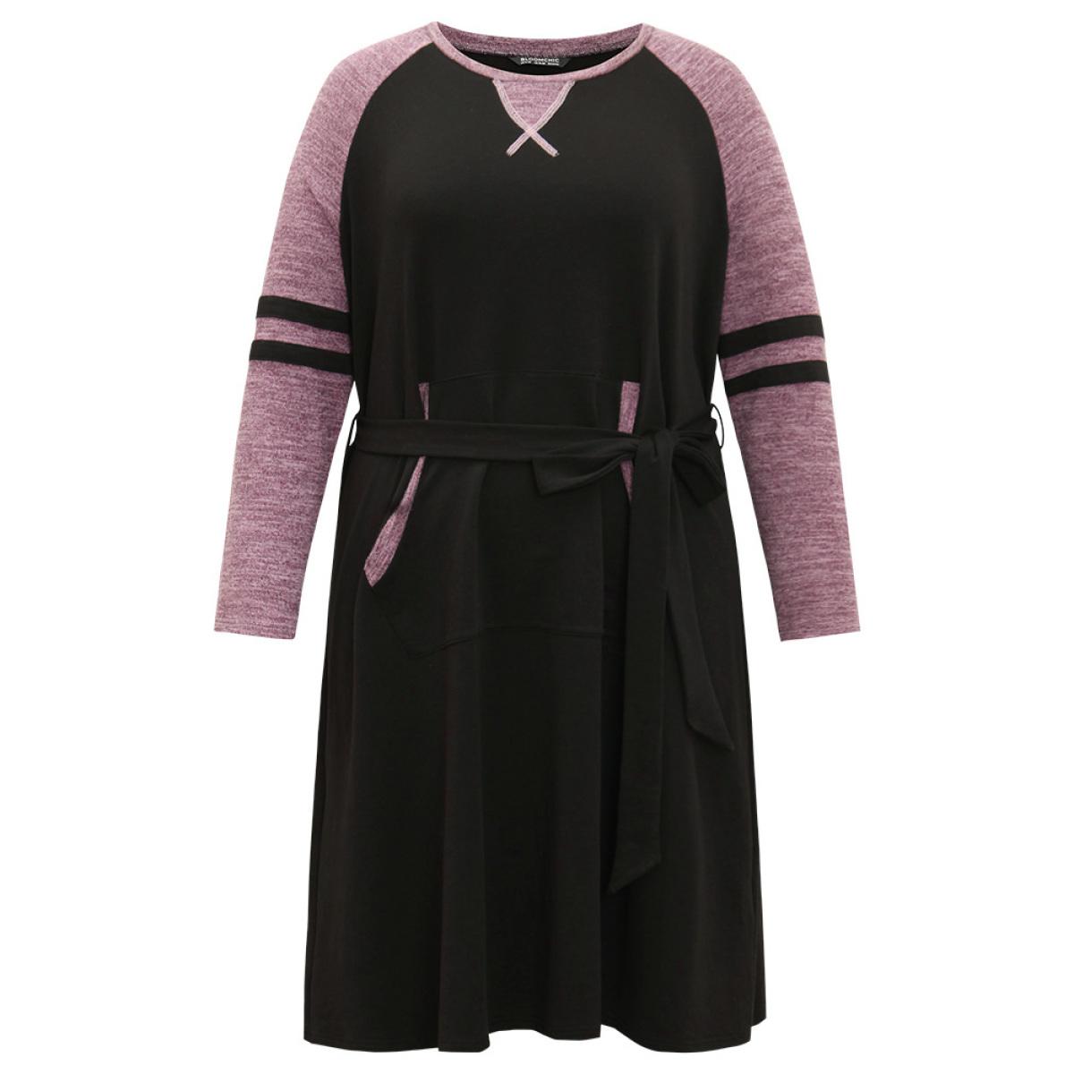 Plus Size Stitch Pocket Striped Patchwork Raglan Sleeve Belted Dress Black Women Casual Belted Round Neck Long Sleeve Curvy Midi Dress BloomChic 14-16/1X Product Image