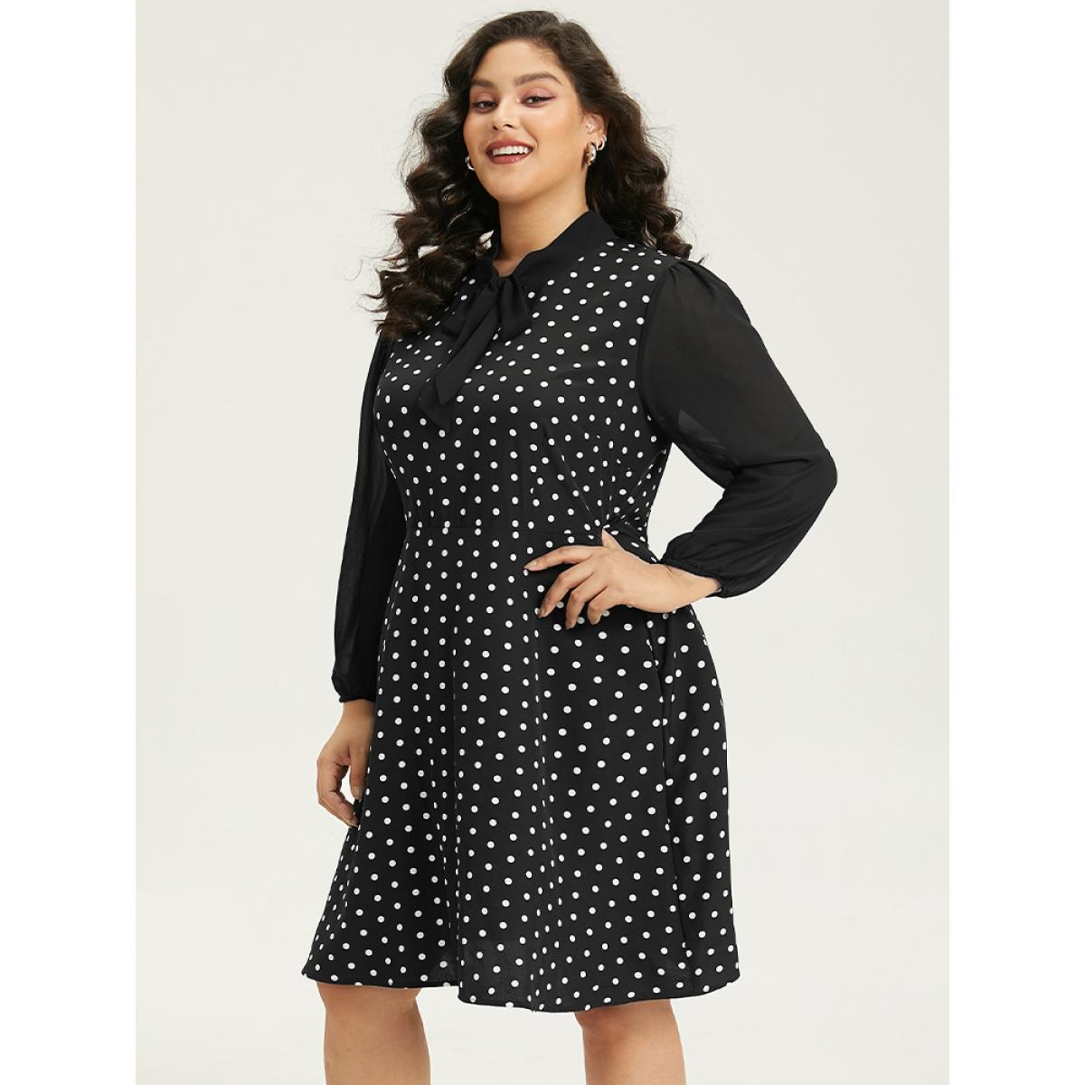 Plus Size Polka Dot Patchwork Knot Lantern Sleeve Dress Black Women Office Elastic cuffs Tie Neck Long Sleeve Curvy Midi Dress BloomChic 10/M Product Image