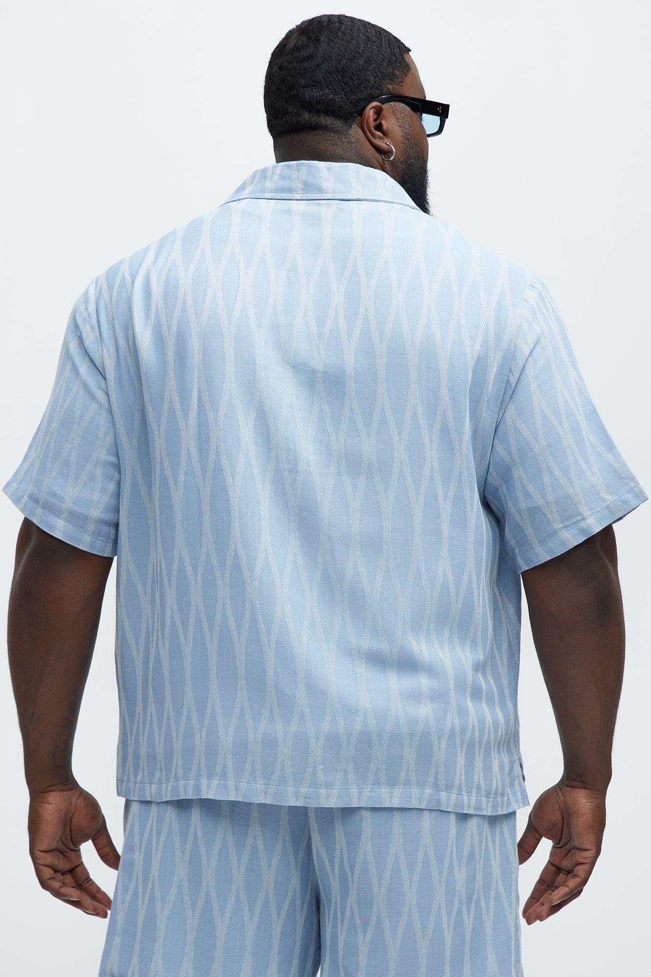 Waved Lines Cuban Collar Button Up Shirt - Blue/combo Product Image