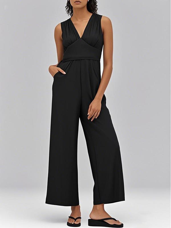 High Waisted Loose Pockets Solid Color V-Neck Jumpsuits Product Image