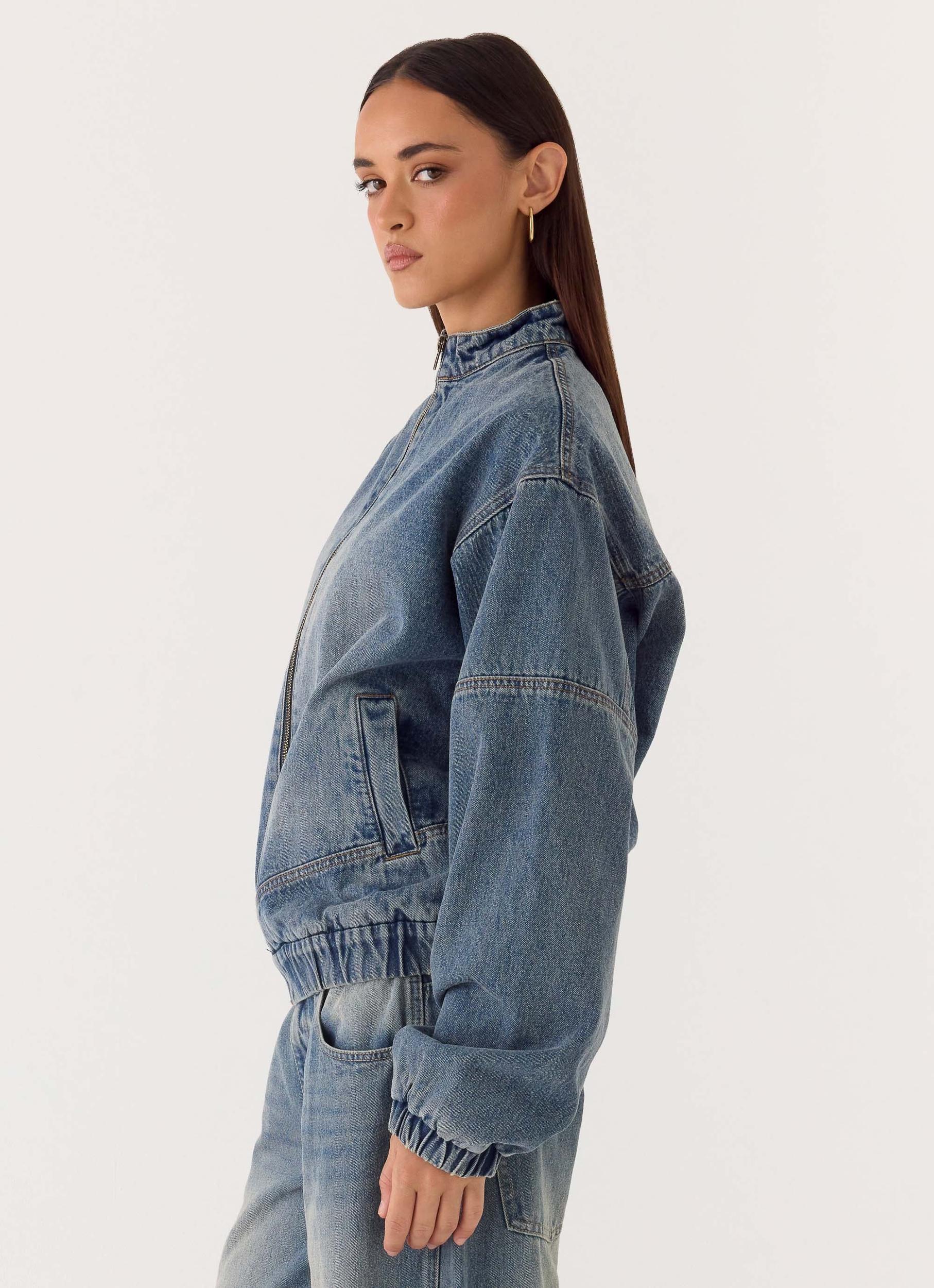 Waylon Denim Bomber Jacket - Mid Wash Blue Product Image