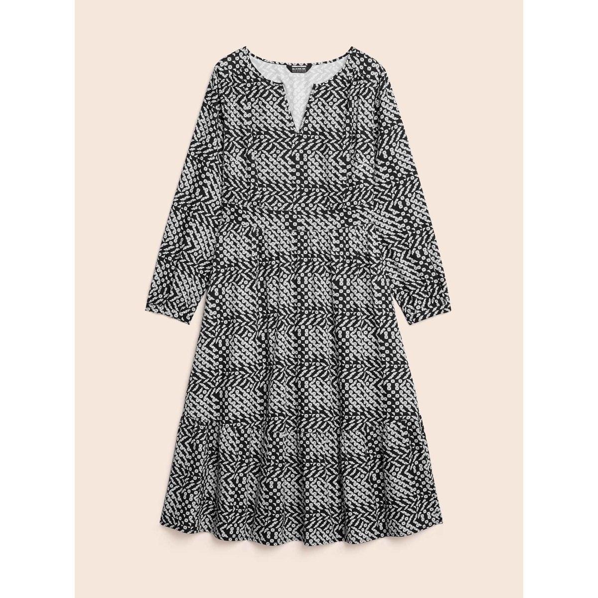 Plus Size Geometric Notched Lantern Sleeve Midi Dress BlackFlower Women At the Office Shirred Flat collar with V-notch Long Sleeve Curvy BloomChic 30/6X Product Image