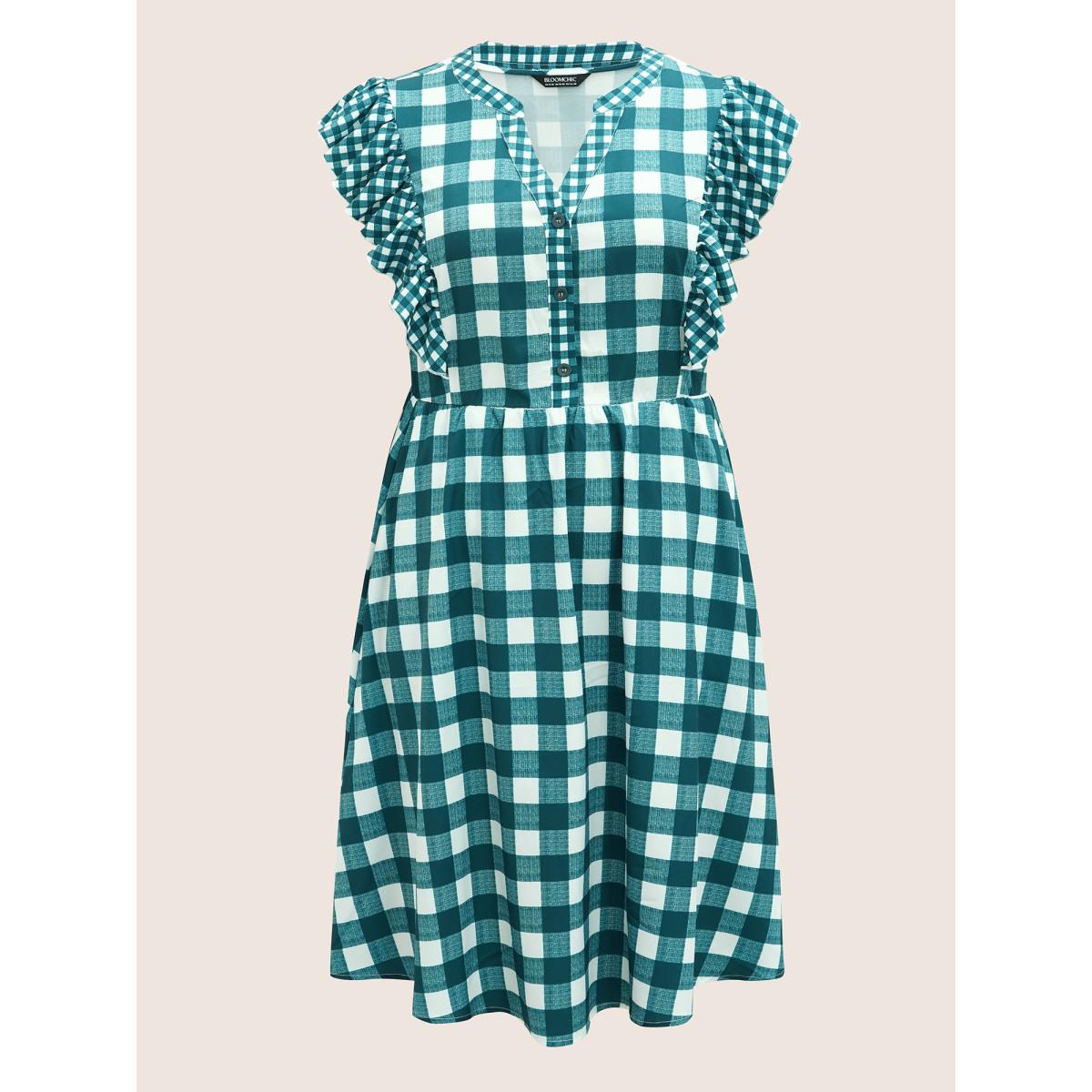 Plus Size Plaid Notched Ruffle Cap Sleeve Midi Dress Teal Women At the Office Patchwork Flat collar with V-notch Cap Sleeve Curvy BloomChic 22-24/3X Product Image
