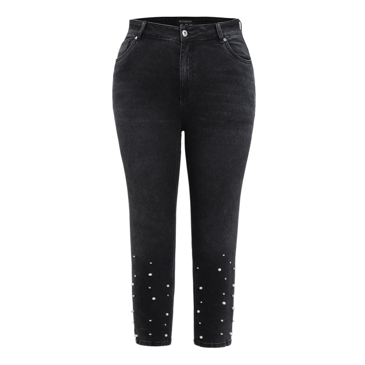 Plus Size Beaded Detail Pocket Very Stretchy Black Wash Jeans Women DimGray Casual Plain Beaded High stretch Pocket Jeans BloomChic 20/2X Product Image