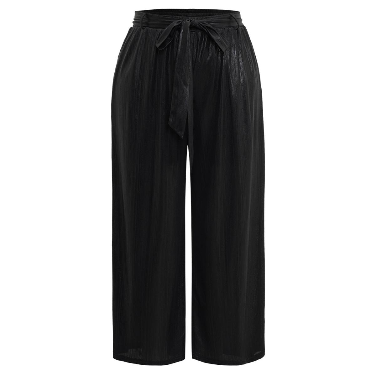 Plus Size Plain Texture Belted High Rise Wide Leg Pants Women Black Glamour Wide Leg High Rise Party Pants BloomChic 26/4X Product Image