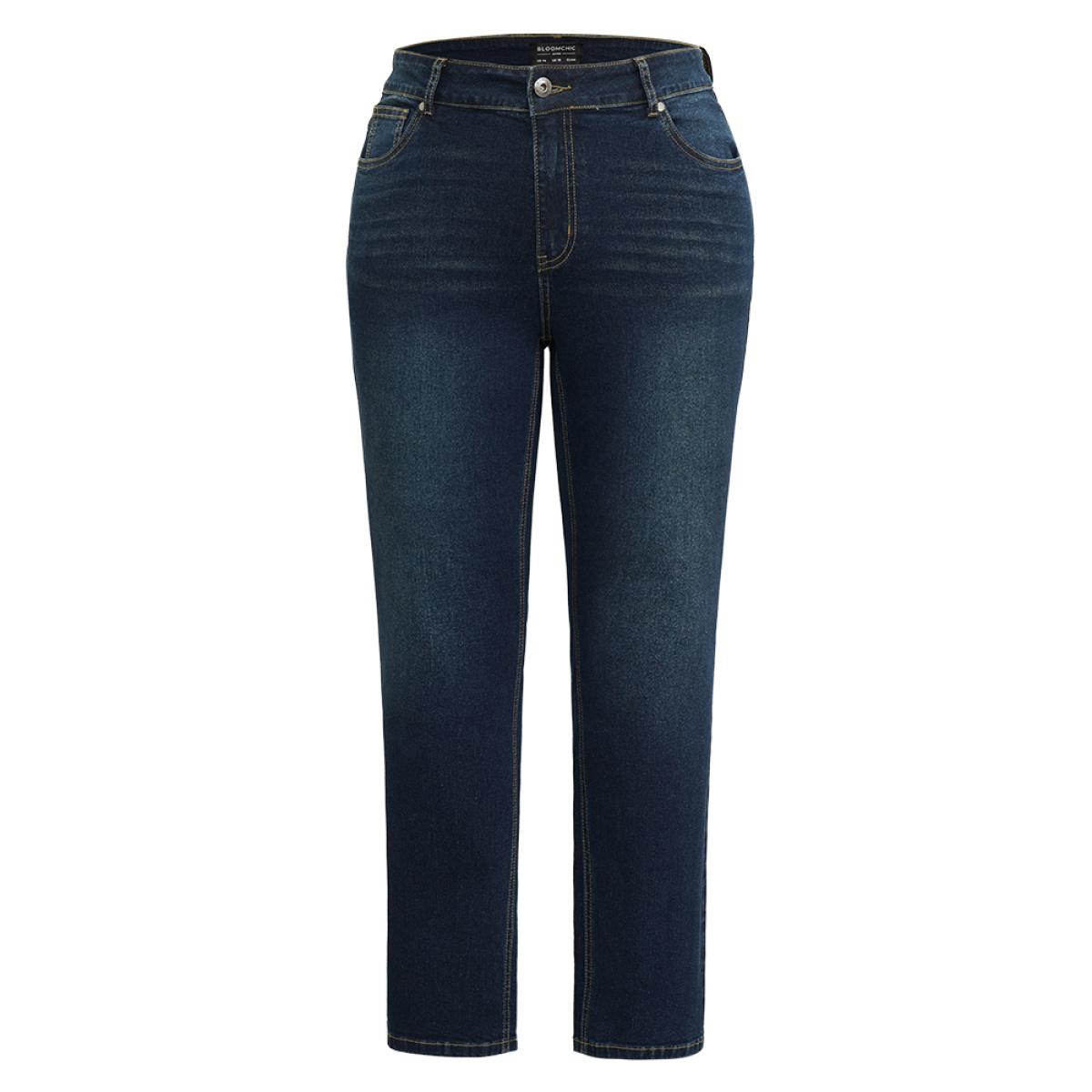 Plus Size Straight Leg Dark Wash Zipper Fly Jeans Women Indigo Casual Plain Pocket High stretch Pocket Jeans BloomChic 30/6X Product Image