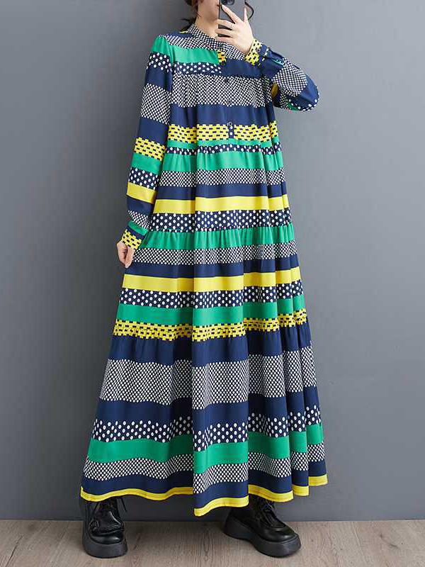 A-Line Long Sleeves Buttoned Polka-Dot Split-Joint Round-Neck Midi Dresses Product Image