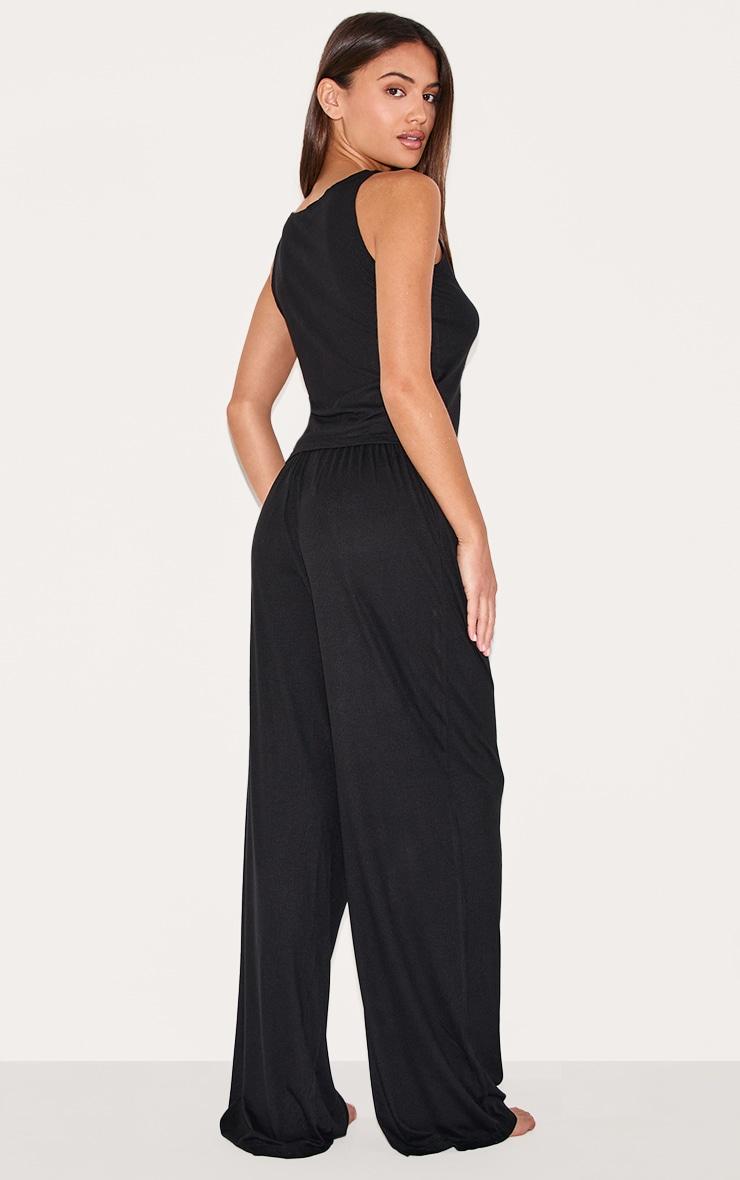 Black Ribbed Button Vest Long Pj Set Product Image