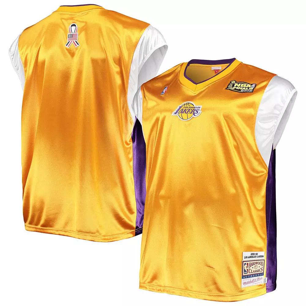 Men's Mitchell & Ness Gold/Purple Los Angeles Lakers Hardwood Classics Big & Tall On-Court Shooting V-Neck Shirt,  Product Image