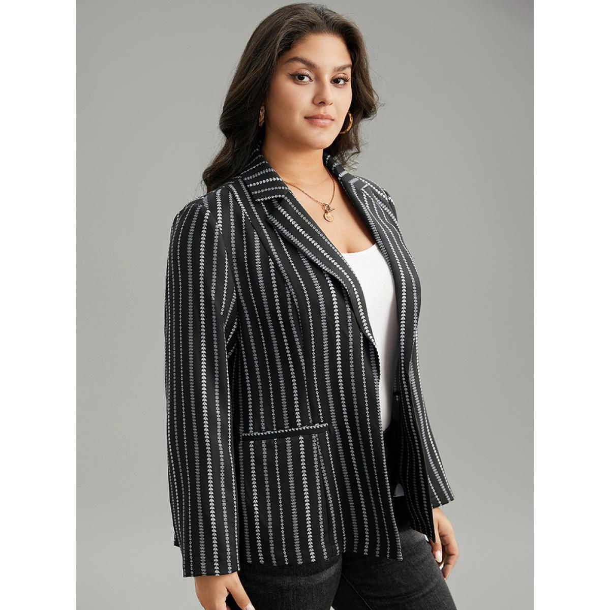 Plus Size Geometric Pocket Contrast Suit Collar Blazer Black Women Dailywear Geometric Contrast Sleeve Long Sleeve Suit Collar 14-16/1X Pocket Casual Blazers BloomChic Product Image