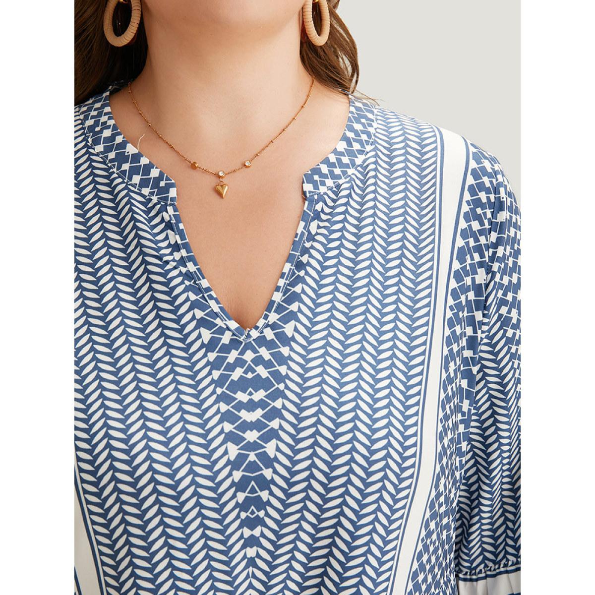 Plus Size Bandana Print Notched Pocket Patchwork Dress Stone Women Vacation Gathered Notched collar Elbow-length sleeve Curvy Midi Dress BloomChic 22-24/3X Product Image