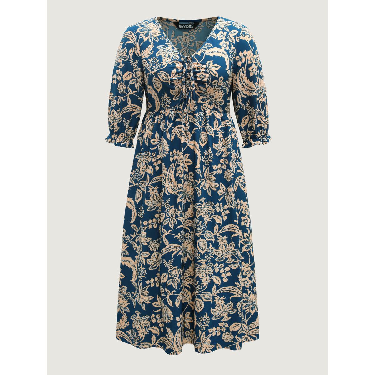 Plus Size Boho Floral Drawstring Pockets Midi Dress Mediumblue Women Resort V-neck Elbow-length sleeve Curvy BloomChic 30/6X Product Image