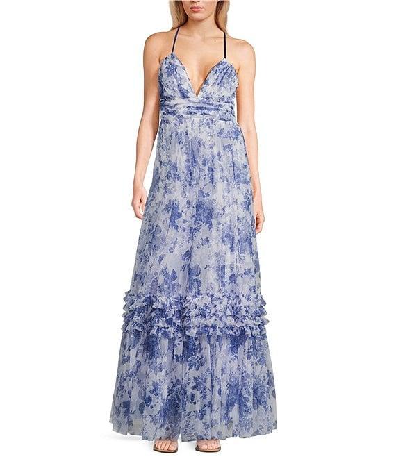 Pear Culture Floral Printed Mesh Plunging V-Neck Spaghetti Strap Dress Product Image