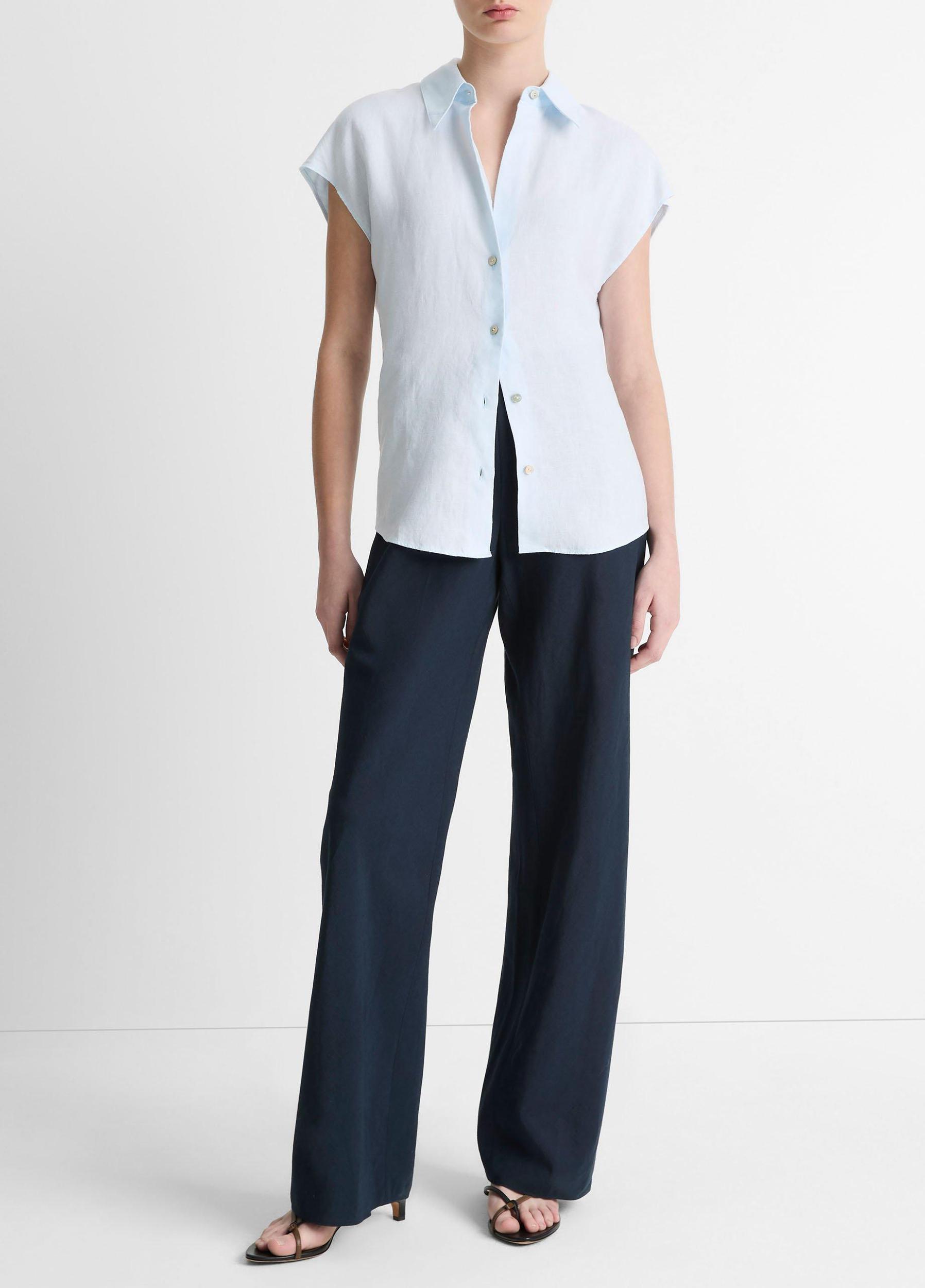 Linen Cap-Sleeve Button-Front Blouse Product Image