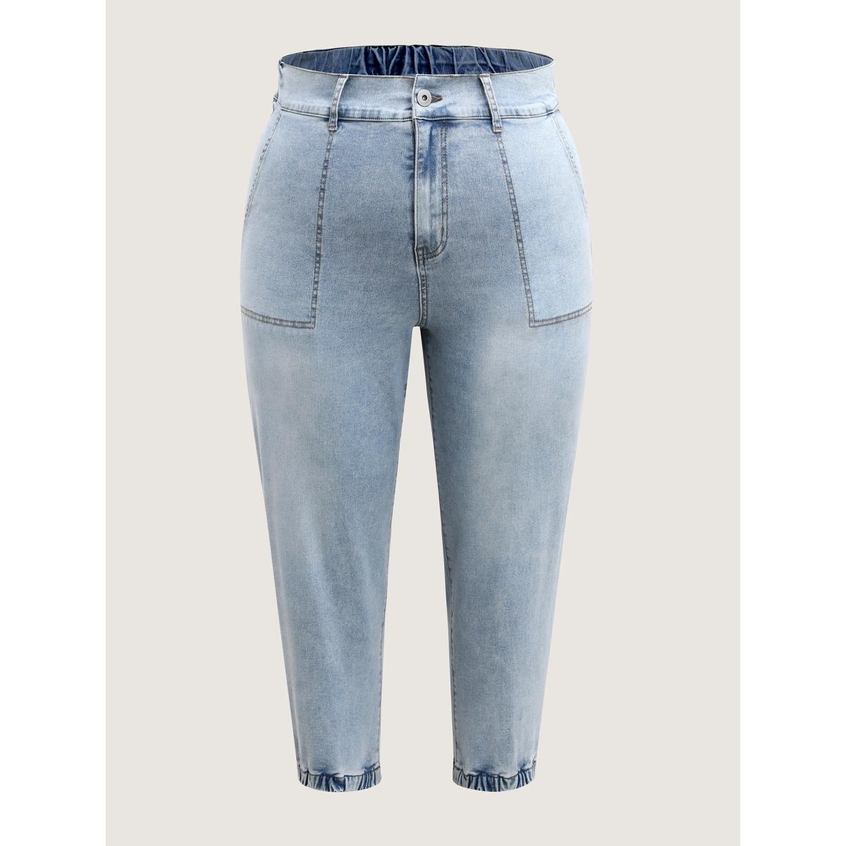 Plus Size Stretchy Waist Boyfriend Jeans Women Midblue Medium stretch Slanted pocket Jeans BloomChic 16/1X Product Image