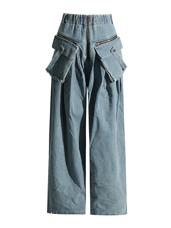 Loose Wide Leg Pleated Pockets Split-Joint Zipper Jean Pants Bottoms Product Image