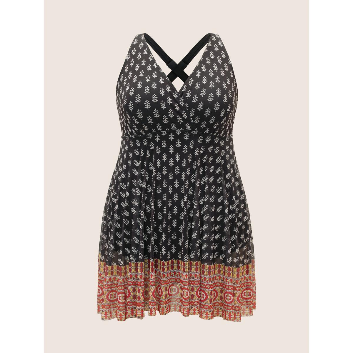 Plus Size Overlap Collar Boho Print Patchwork Swim Dress Women's Swimwear Black Beach Bodycon Overlap Collar High stretch Curve Swim Dresses BloomChic 18-20/2X Product Image