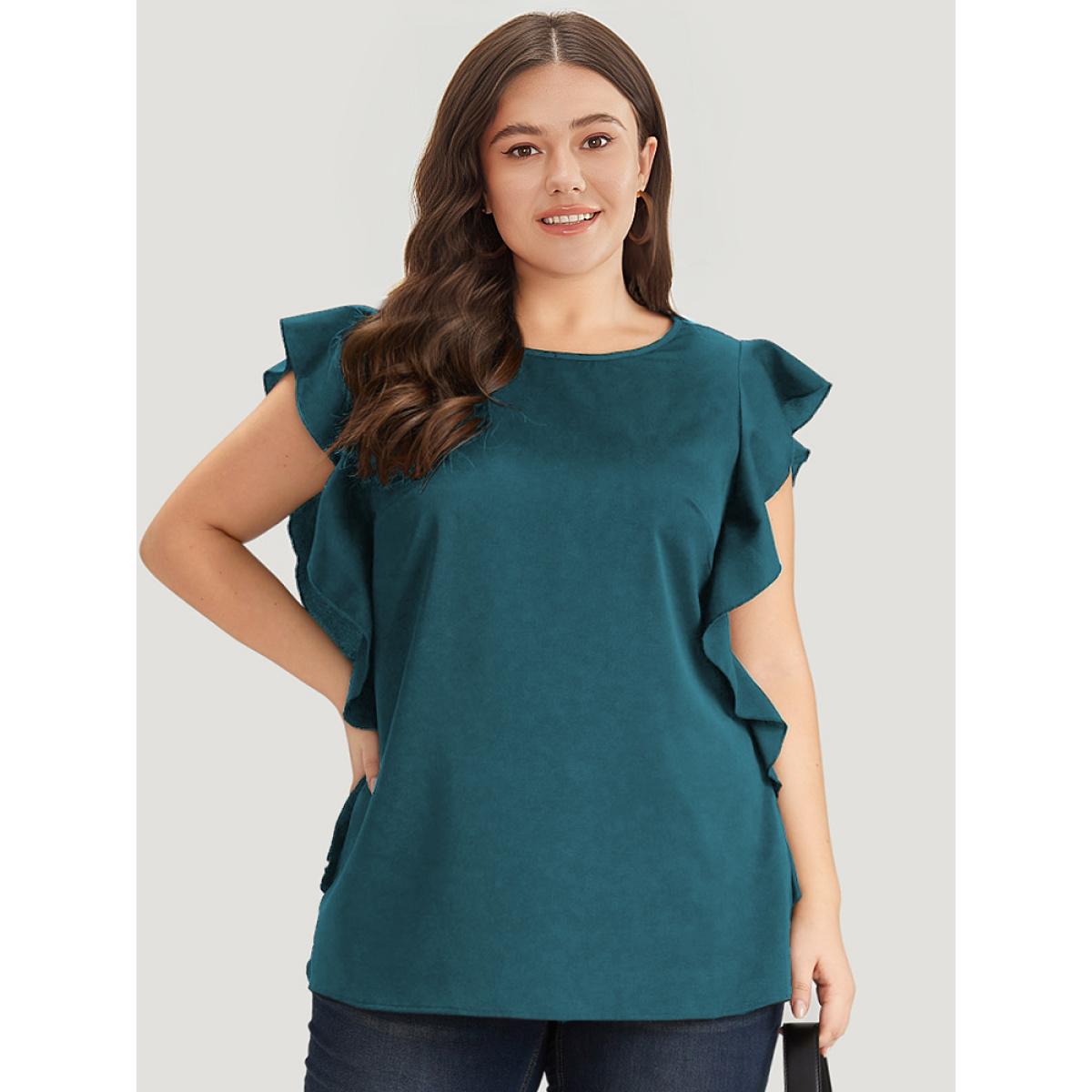 Plus Size Cyan Solid Crew Neck Ruffle Trim Blouse Women Office Cap Sleeve Round Neck Work Blouses BloomChic 30/6X Product Image