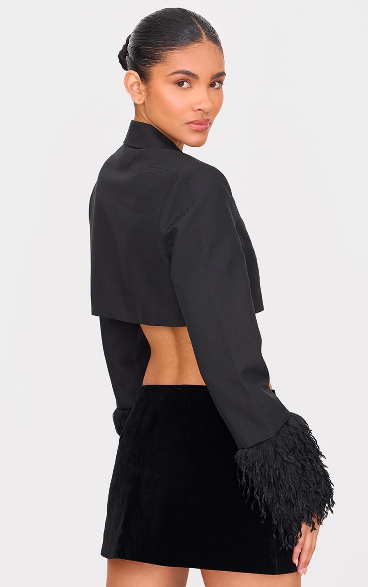Black Faux Fur Cuff Detail Cropped Blazer Product Image
