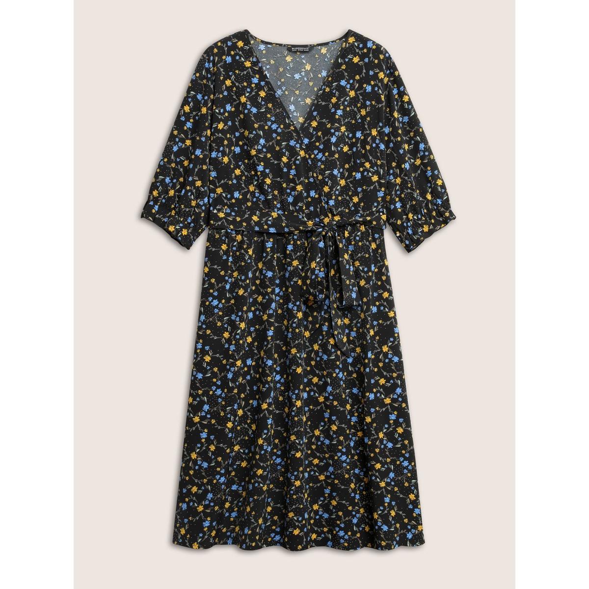 Plus Size Ditsy Floral Ruffle Half Sleeve Belted Dress Black Women Elegant Non Overlap Collar Half Sleeve Curvy Midi Dress BloomChic 12/L Product Image