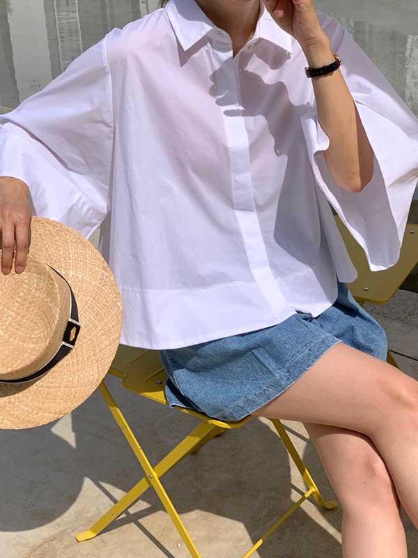 A-Line Flared Sleeves Buttoned Pleated Solid Color Lapel Blouses&Shirts Tops Product Image