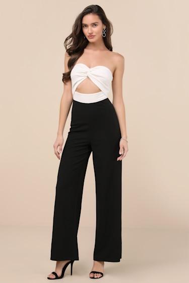Vickie Black and White Cutout Strapless Wide-Leg Jumpsuit Product Image