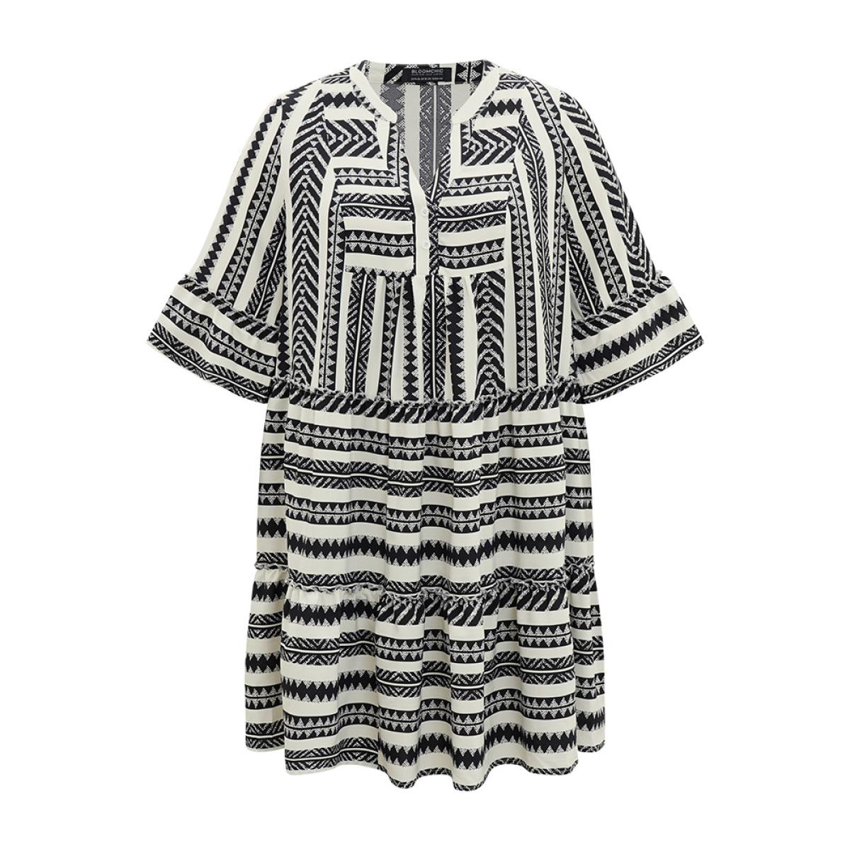 Plus Size Bandana Striped Pocket Button Detail Notched Patchwork Dress White Women Vacation Printed V-neck Elbow-length sleeve Curvy Midi Dress BloomChic 28/5X Product Image