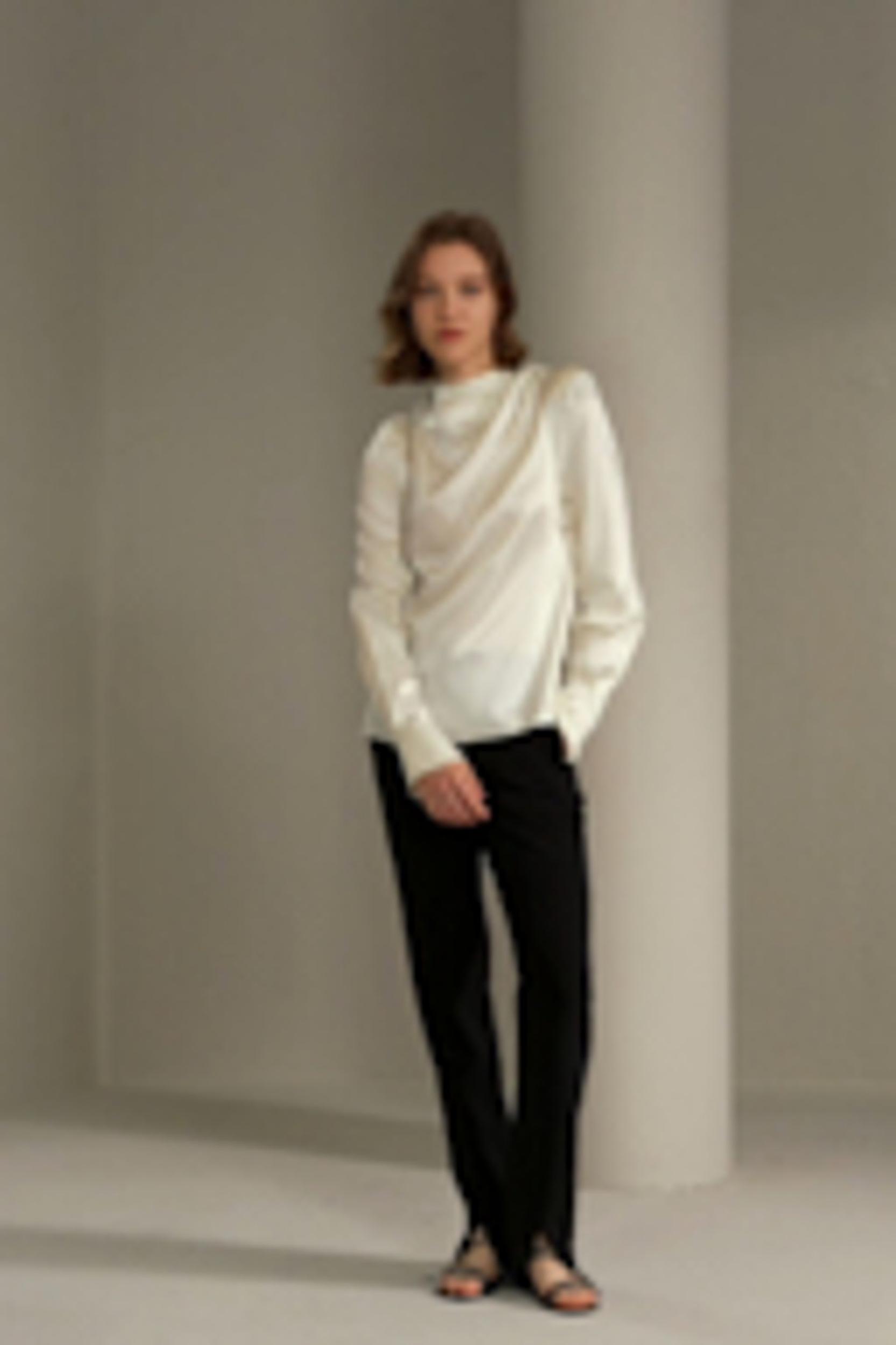 Asymmetrical Silk Blouse with Puff Sleeves Product Image