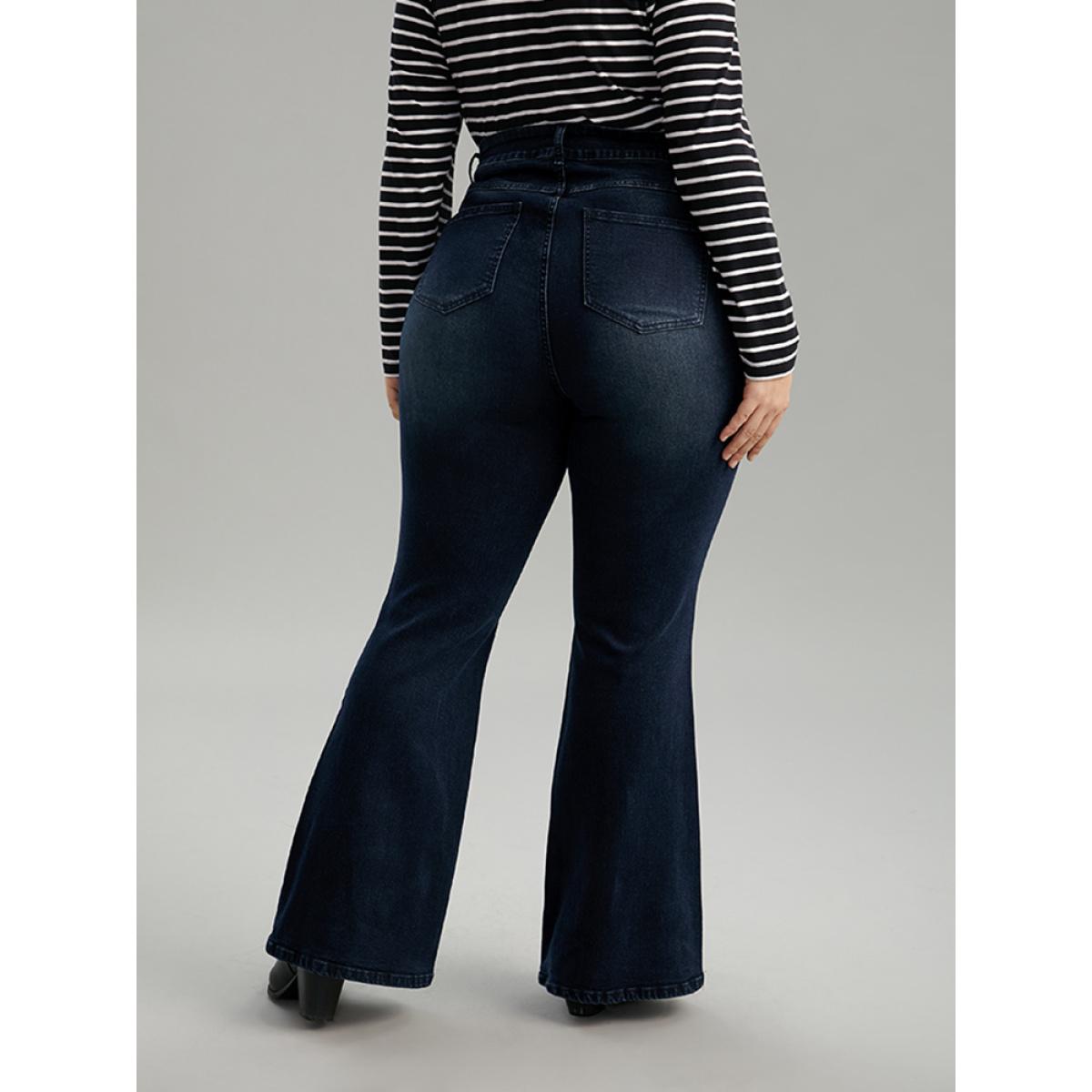 Plus Size Flare Leg Very Stretchy Pleated Patchwork Jeans Women Midnight Casual Plain Plain High stretch Pocket Jeans BloomChic 24/3X Product Image