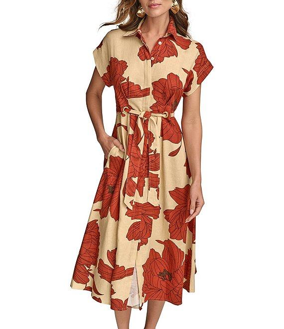 Donna Karan Short Sleeve Floral Print Shirt Dress Product Image