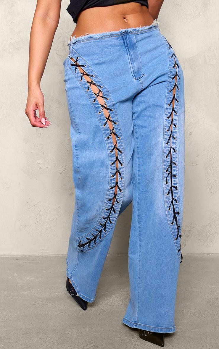 Shape Light Blue Denim Lace Up Front Raw Waist Wide Leg Jeans Product Image