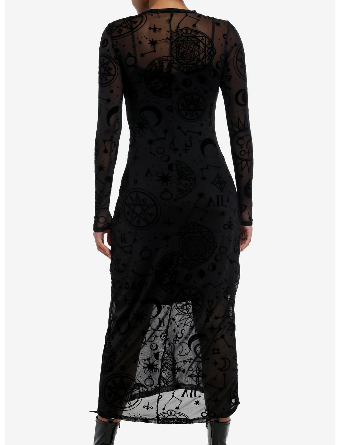 Cosmic Aura Black Celestial Flocked Mesh Maxi Dress Product Image