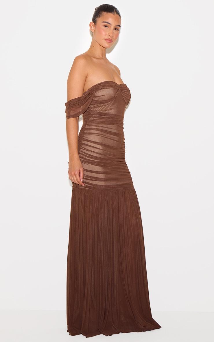 Chocolate Mesh Bardot Ruched Detail Maxi Dress Product Image