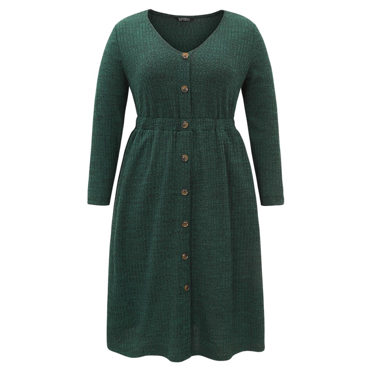 Plus Size Rib Knit Button Detail Pocket Dress DarkGreen Women Casual Plain V-neck Long Sleeve Curvy Midi Dress BloomChic 28/5X Product Image