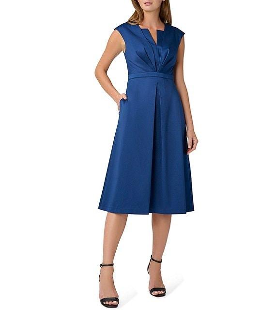Aidan Mattox Stretch V-Neck Cap Sleeve Pleated Bodice Midi Dress Product Image