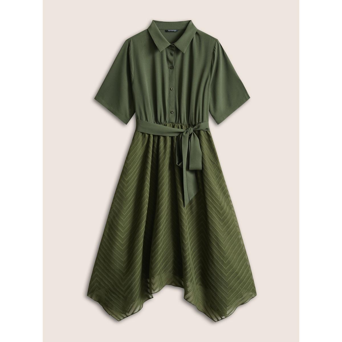 Plus Size Plain Texture Mesh Belted Asymmetrical Hem Dress ArmyGreen Women At the Office Texture Shirt collar Short sleeve Curvy Midi Dress BloomChic 14-16/1X Product Image