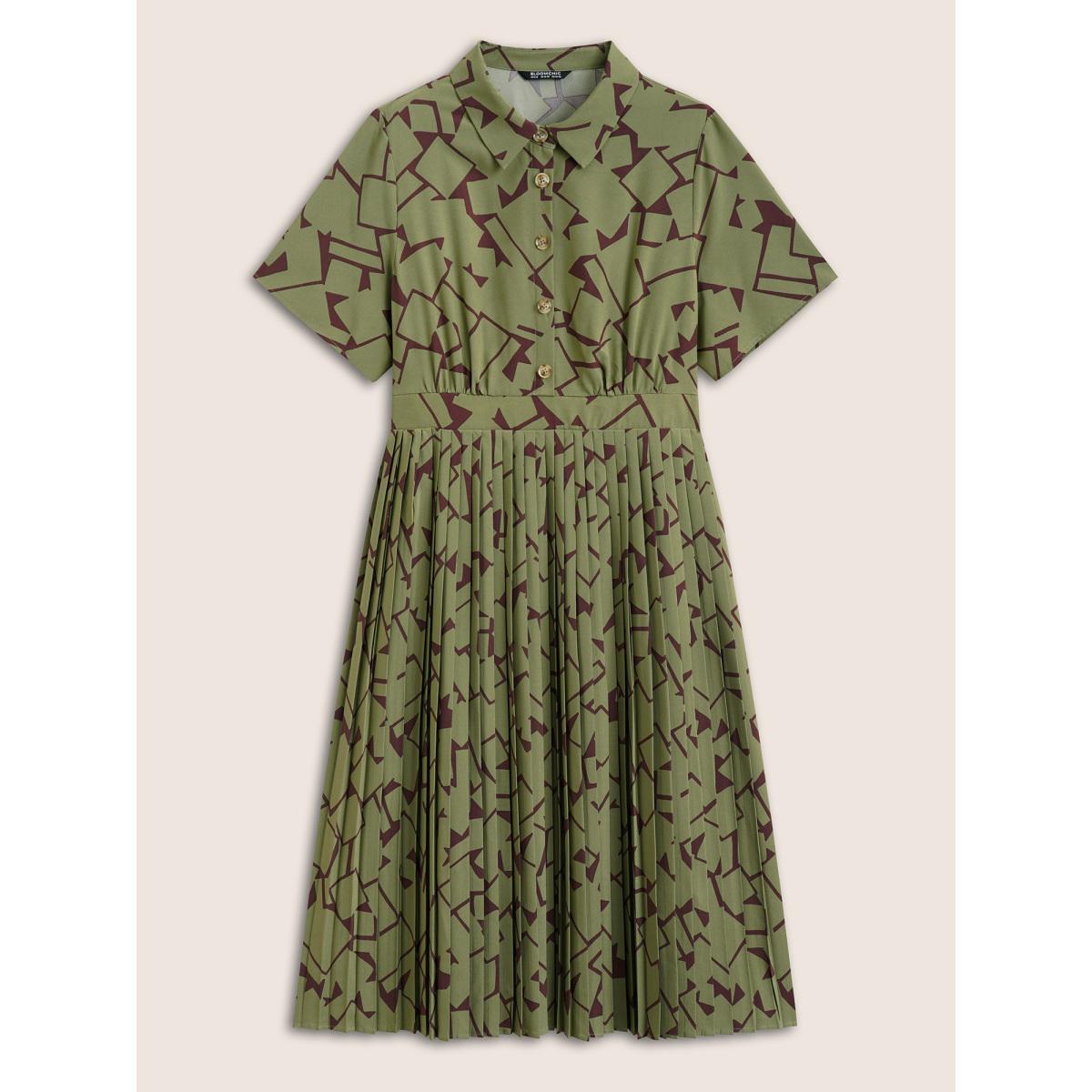 Plus Size Shirt Collar Geometric Button Up Pleated Dress Moss Women At the Office Pleated Shirt collar Short sleeve Curvy Midi Dress BloomChic 26/4X Product Image