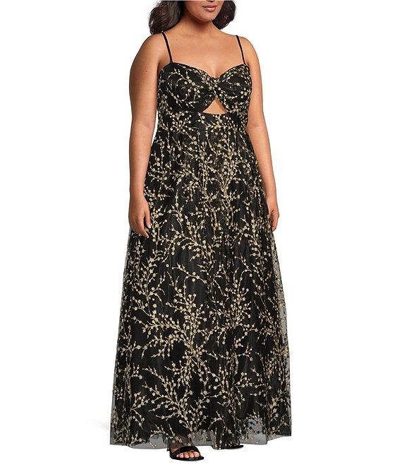 Blondie Nites Plus Caviar Glitter Patterned Sweetheart Neck Spaghetti Strap Twist Ballgown Product Image