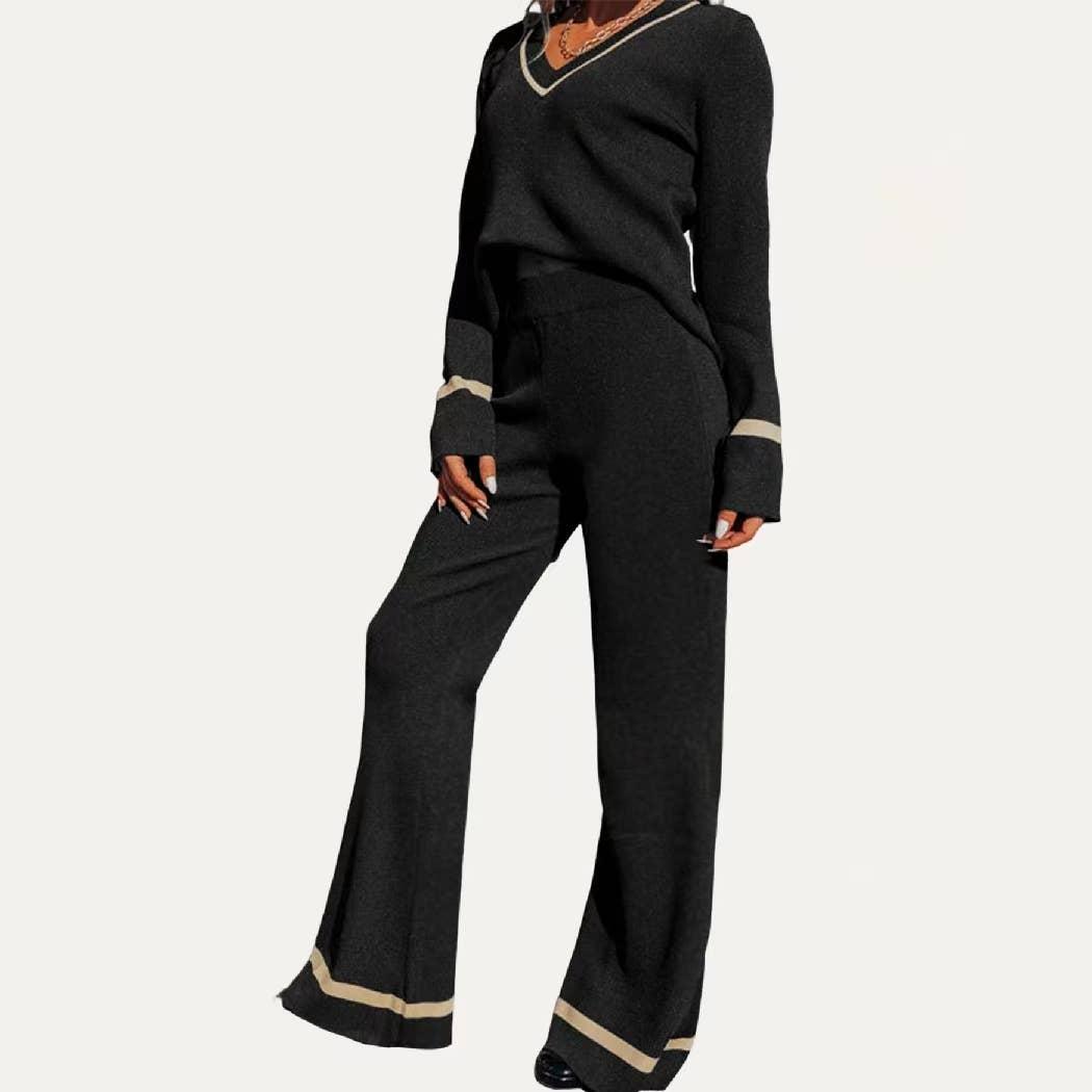 Chic Black Knit Top Wide-Leg Pants Two Piece Set Product Image