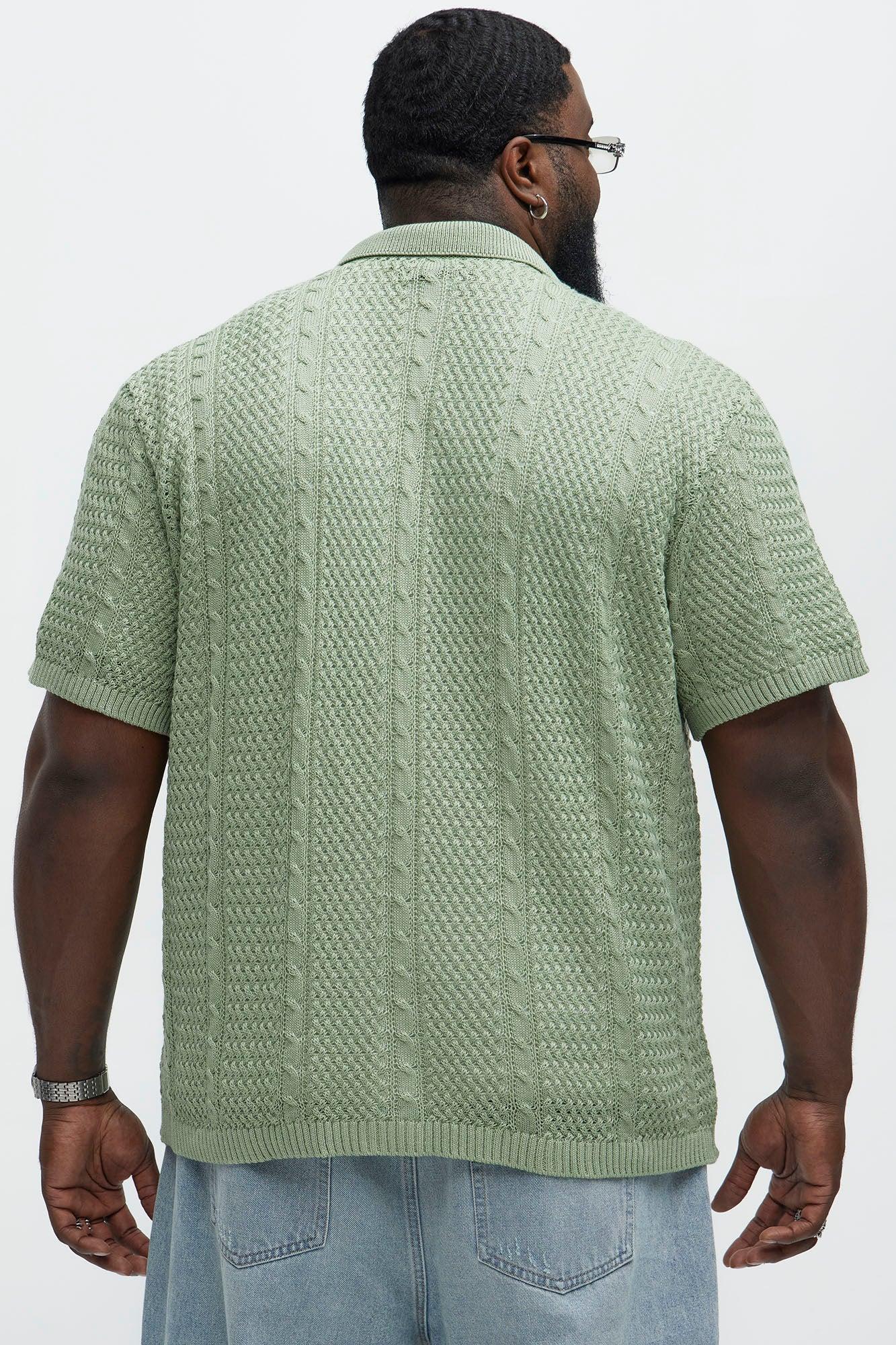 Unwind Cable Knit Short Sleeve Button Up - Sage Product Image